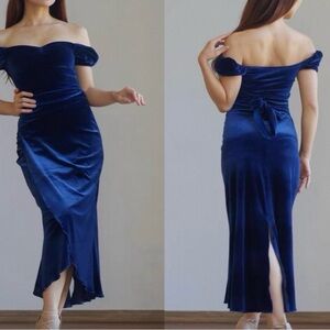 Off-Shoulder Velvet Midi Dress in Deep Blue